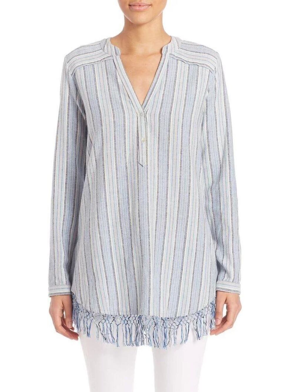 Calypso St. Barth Evsiba Striped Cotton Fringe Tunic Top XS Boho